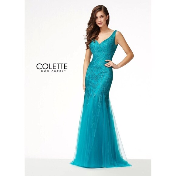 Colette Lace Fit & Flare Gown CL17164 Jade - Picture 1 of 5